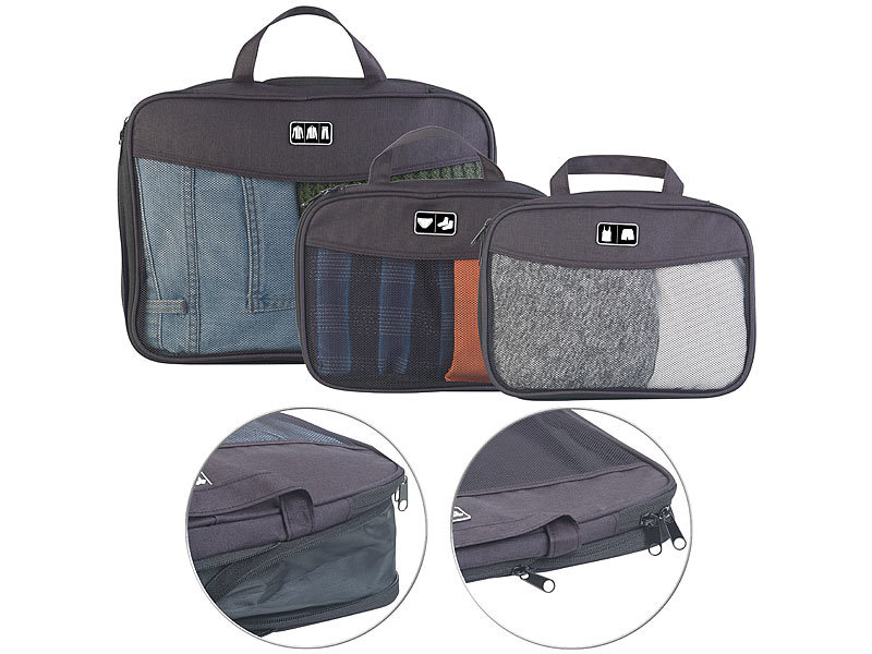 3-teilig grau Kleidertaschen Set mit Kompression für Koffer und Rucksack - mehr Platz im Koffer oder Backpack durch Kompression – Packtaschen für Koffer 